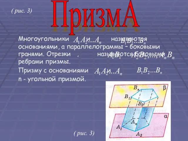 ( рис. 3) Многоугольники и называются основаниями, а параллелограммы – боковыми гранями.