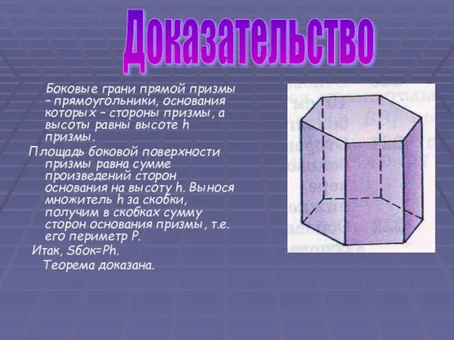 Боковые грани прямой призмы – прямоугольники, основания которых – стороны призмы, а