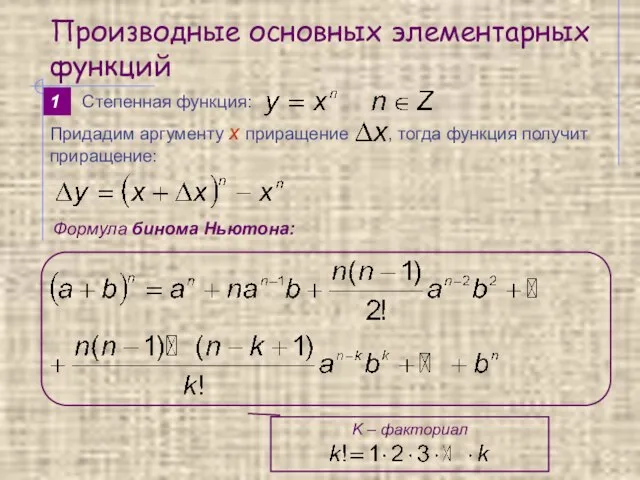 Производные основных элементарных функций 1 Формула бинома Ньютона: Степенная функция: K – факториал