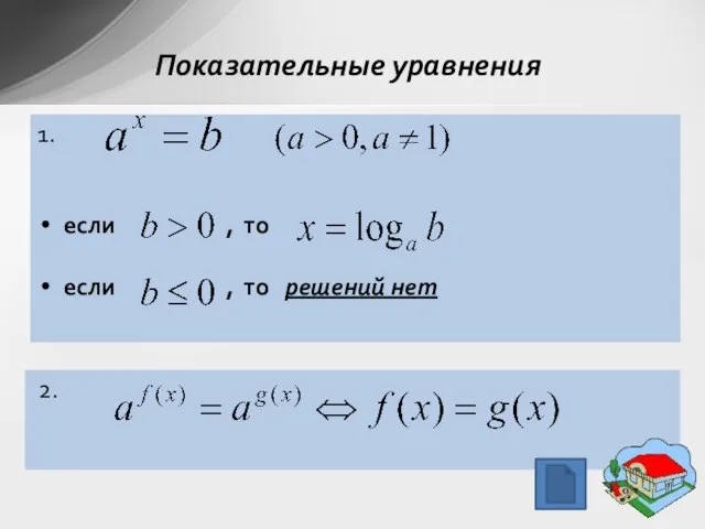 2. 1. если , то если , то решений нет Показательные уравнения