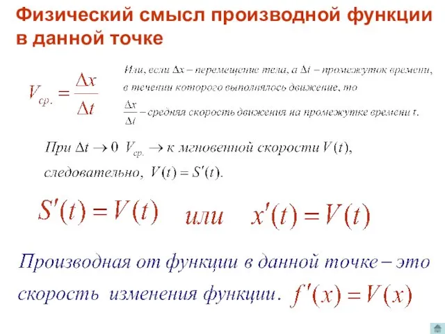 Физический смысл производной функции в данной точке .