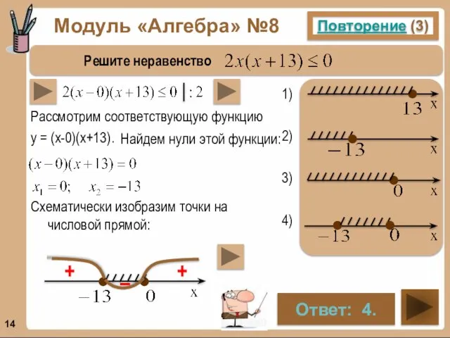 Модуль «Алгебра» №8 Повторение (3) Решите неравенство Ответ: 4. . . .