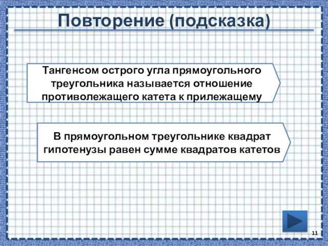 Повторение (подсказка) Тангенсом острого угла прямоугольного треугольника называется отношение противолежащего катета к