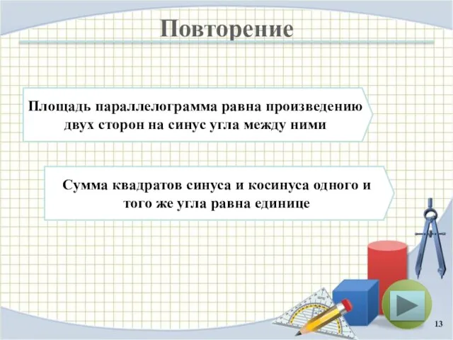 Повторение Площадь параллелограмма равна произведению двух сторон на синус угла между ними