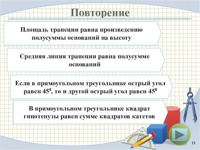 Повторение Площадь трапеции равна произведению полусуммы оснований на высоту Средняя линия трапеции