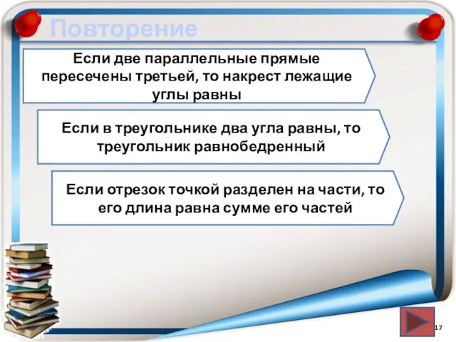 Повторение Если две параллельные прямые пересечены третьей, то накрест лежащие углы равны