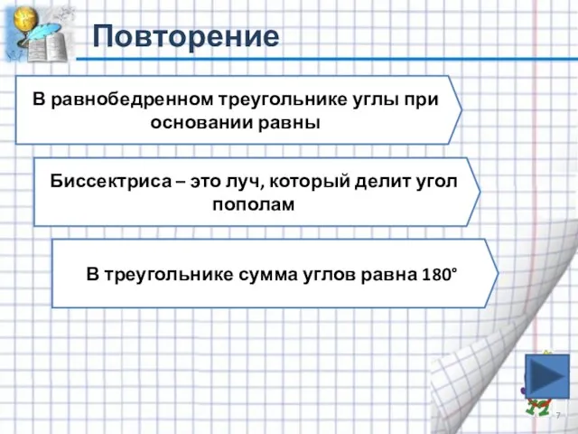 Повторение В равнобедренном треугольнике углы при основании равны Биссектриса – это луч,