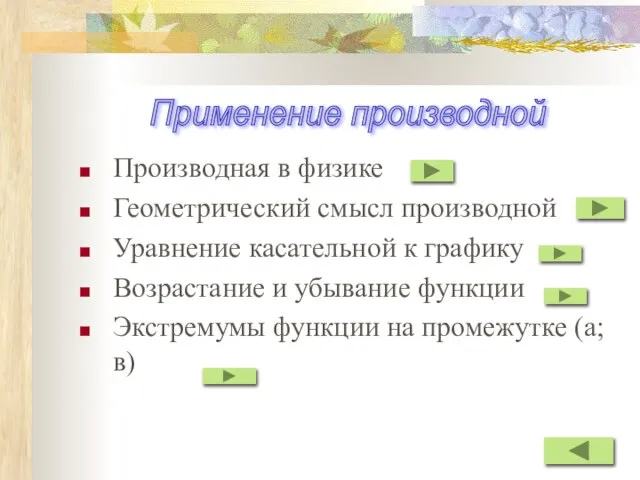 Производная в физике Геометрический смысл производной Уравнение касательной к графику Возрастание и