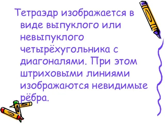 Тетраэдр изображается в виде выпуклого или невыпуклого четырёхугольника с диагоналями. При этом