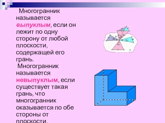 Многогранник называется выпуклым, если он лежит по одну сторону от любой плоскости,