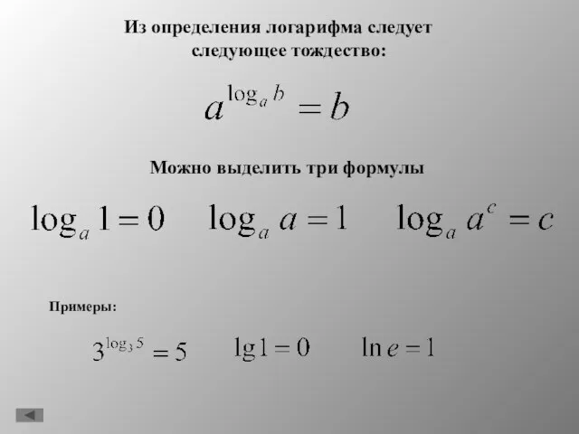 Можно выделить три формулы Из определения логарифма следует следующее тождество: Примеры: