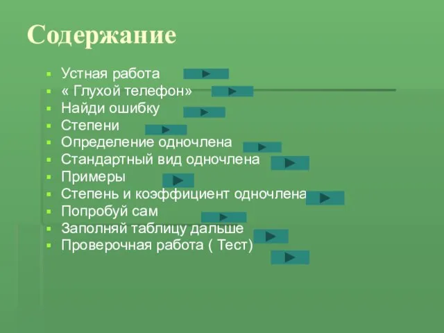 Содержание Устная работа « Глухой телефон» Найди ошибку Степени Определение одночлена Стандартный