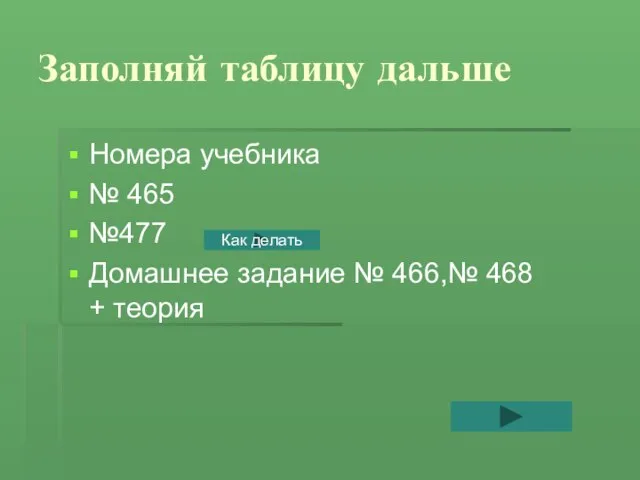 Заполняй таблицу дальше Номера учебника № 465 №477 Домашнее задание № 466,№