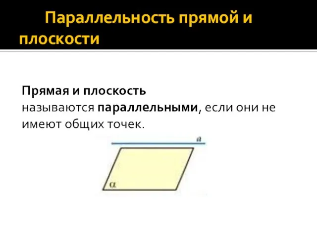 Параллельность прямой и плоскости Прямая и плоскость называются параллельными, если они не имеют общих точек.