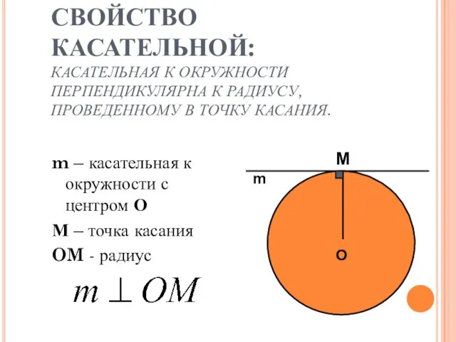 СВОЙСТВО КАСАТЕЛЬНОЙ: КАСАТЕЛЬНАЯ К ОКРУЖНОСТИ ПЕРПЕНДИКУЛЯРНА К РАДИУСУ, ПРОВЕДЕННОМУ В ТОЧКУ КАСАНИЯ.