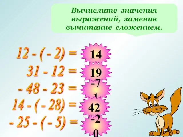 Вычислите значения выражений, заменив вычитание сложением. 12 - ( - 2) =