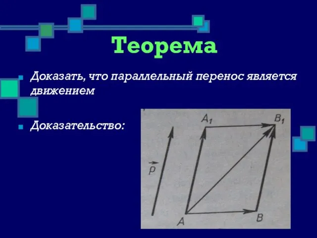 Теорема Доказать, что параллельный перенос является движением Доказательство: