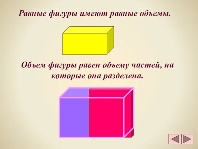 Равные фигуры имеют равные объемы. Объем фигуры равен объему частей, на которые она разделена.