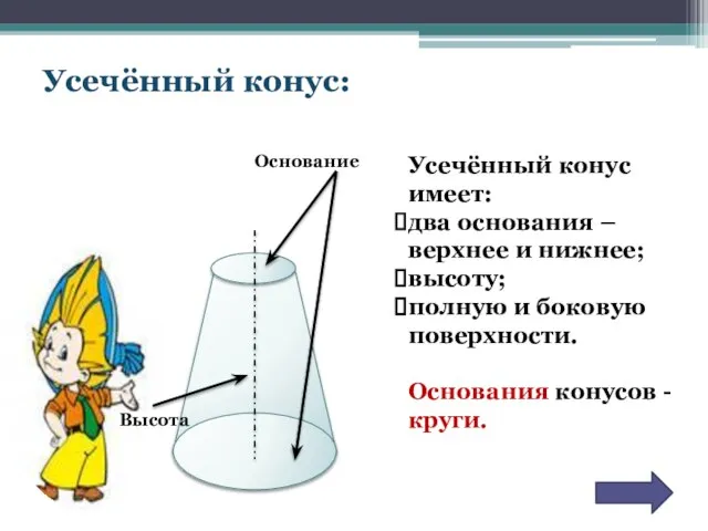 Усечённый конус: Основание Усечённый конус имеет: два основания – верхнее и нижнее;