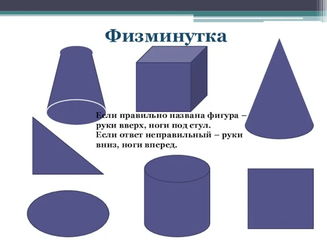 Физминутка Если правильно названа фигура – руки вверх, ноги под стул. Если