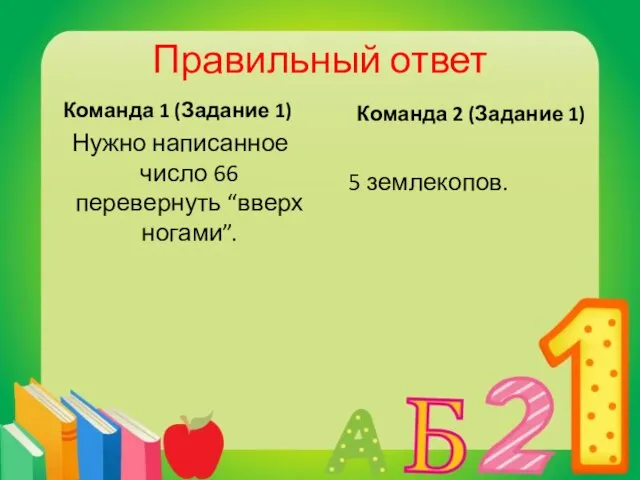 Правильный ответ Команда 1 (Задание 1) Нужно написанное число 66 перевернуть “вверх