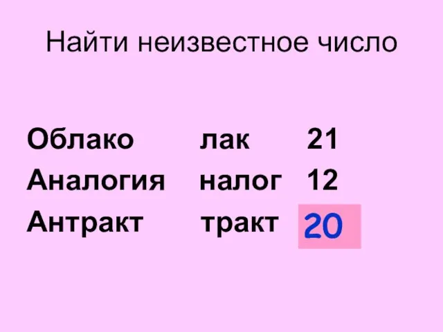 Найти неизвестное число Облако лак 21 Аналогия налог 12 Антракт тракт ? 20