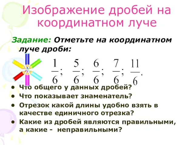 Изображение дробей на координатном луче Задание: Отметьте на координатном луче дроби: Что