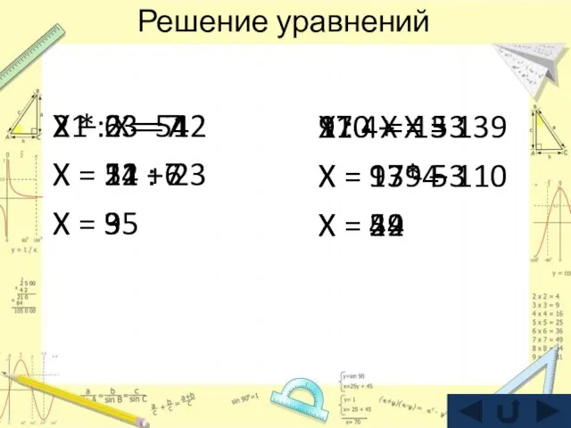 Решение уравнений 110 + X = 139 X = 139 – 110