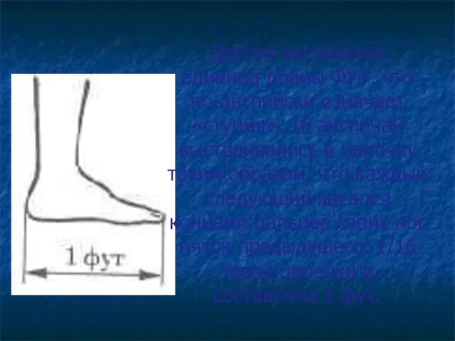 Другая английская единица длины ФУТ, что по-английски означает «ступня». 16 англичан выстраивались
