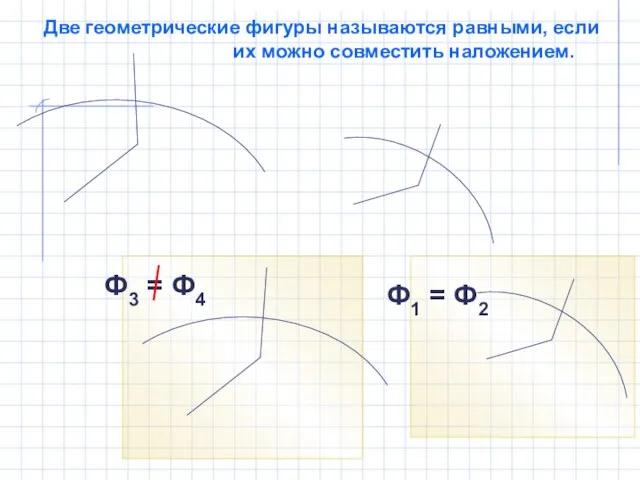 Две геометрические фигуры называются равными, если их можно совместить наложением. Ф1 = Ф2 Ф3 = Ф4