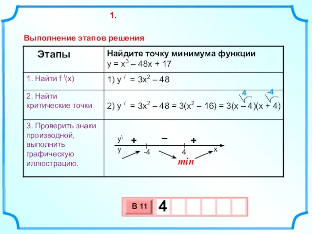 Найдите точку минимума функции y = x3 – 48x + 17 1)