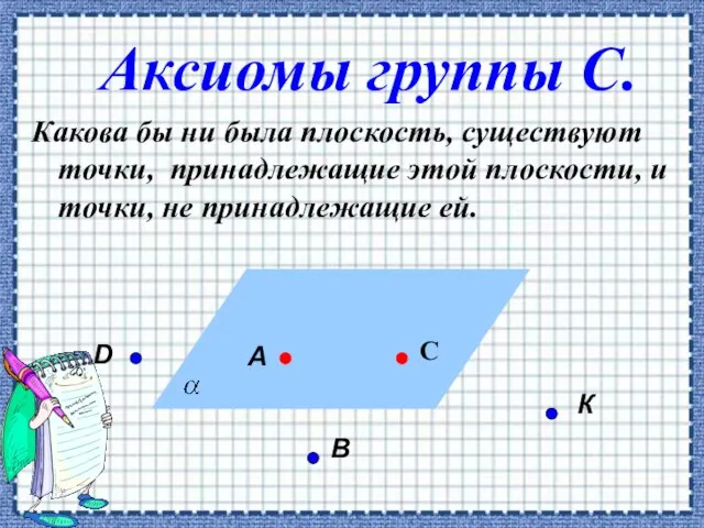 Аксиомы группы С. Какова бы ни была плоскость, существуют точки, принадлежащие этой