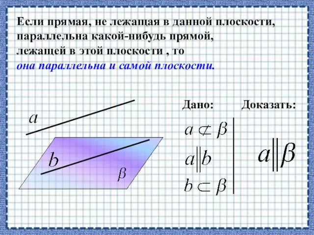 Если прямая, не лежащая в данной плоскости, параллельна какой-нибудь прямой, лежащей в