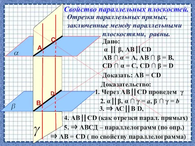 Отрезки параллельных прямых, заключенные между параллельными плоскостями, равны. Свойство параллельных плоскостей. Доказать: