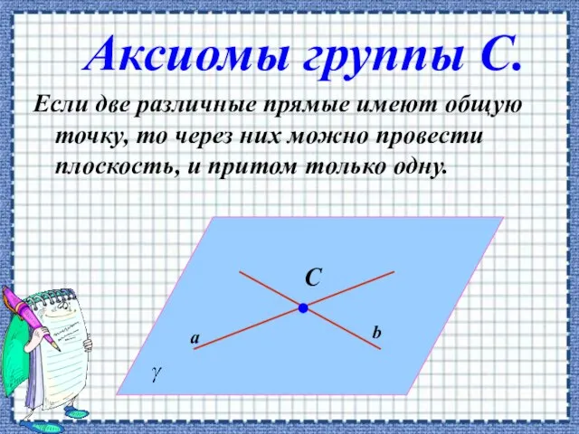 Аксиомы группы С. Если две различные прямые имеют общую точку, то через