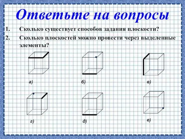 Сколько существует способов задания плоскости? Сколько плоскостей можно провести через выделенные элементы?