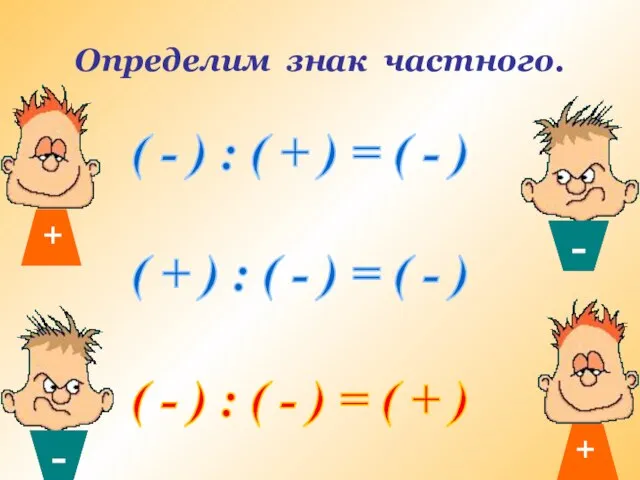 Определим знак частного. ( - ) : ( + ) = (