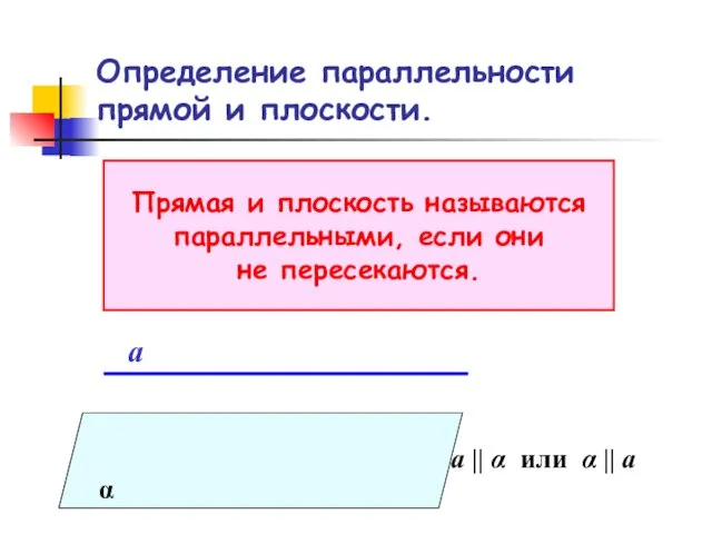 Определение параллельности прямой и плоскости. Прямая и плоскость называются параллельными, если они