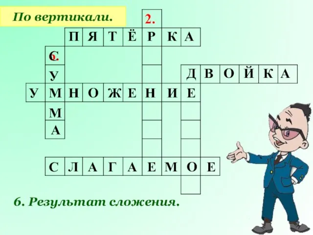 2. 6. По вертикали. 6. Результат сложения. П Я Т Ё Р