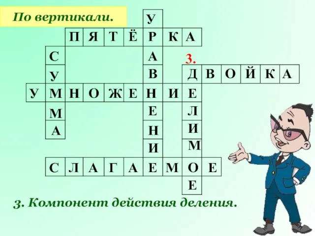 По вертикали. 3. Компонент действия деления. П Я Т Ё Р К