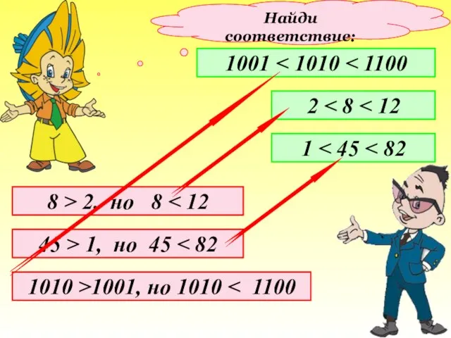 Найди соответствие: 1001 2 1 8 > 2, но 8 45 >