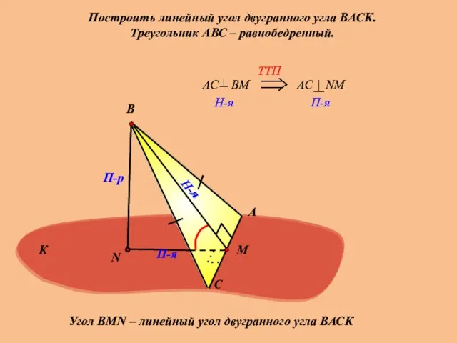 Построить линейный угол двугранного угла ВАСК. Треугольник АВС – равнобедренный. А С