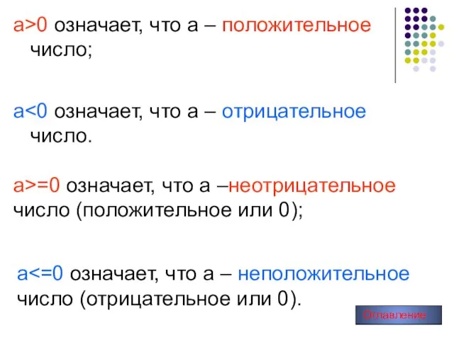 а>0 означает, что а – положительное число; а>=0 означает, что а –неотрицательное