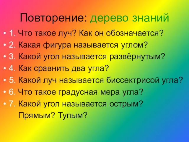 Повторение: дерево знаний 1. Что такое луч? Как он обозначается? 2. Какая