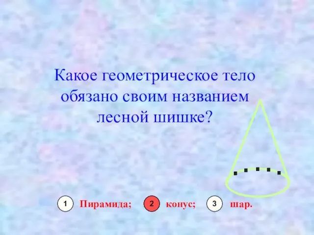 Какое геометрическое тело обязано своим названием лесной шишке? Пирамида; конус; шар. 1 2 3 2