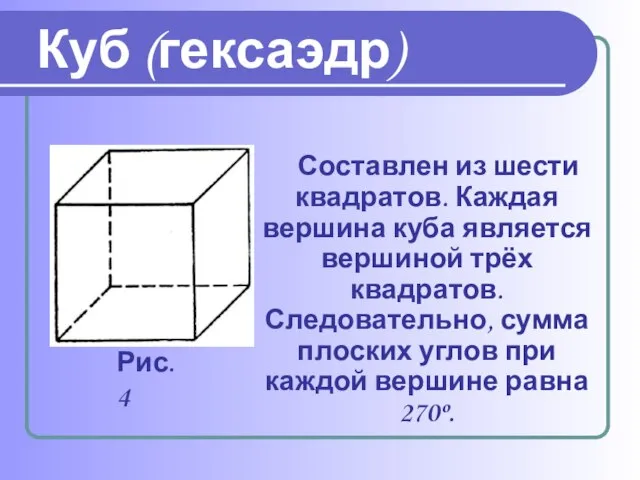 Составлен из шести квадратов. Каждая вершина куба является вершиной трёх квадратов. Следовательно,