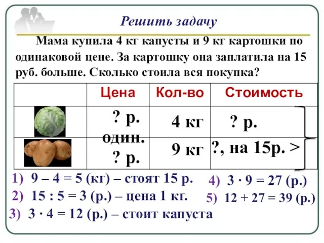 Решить задачу Мама купила 4 кг капусты и 9 кг картошки по