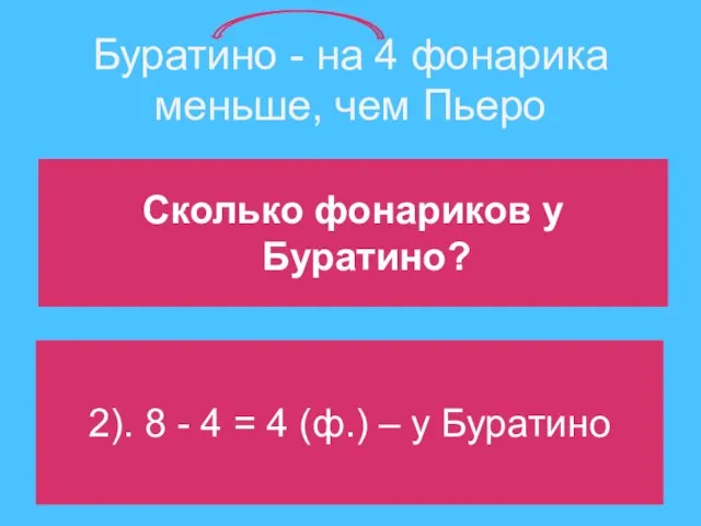 Буратино - на 4 фонарика меньше, чем Пьеро Сколько фонариков у Буратино?