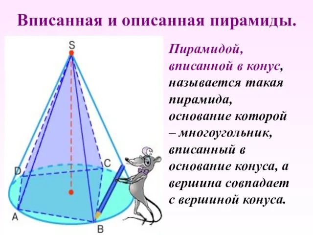 Вписанная и описанная пирамиды. Пирамидой, вписанной в конус, называется такая пирамида, основание
