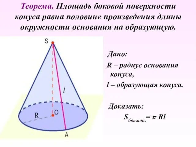 Теорема. Площадь боковой поверхности конуса равна половине произведения длины окружности основания на